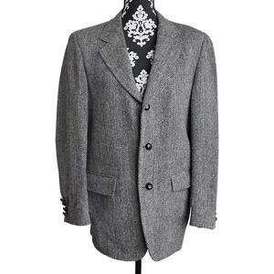 Vintage 60s/70s Black/Grey Herringbone Wool Tweed Button Up Lined Blazer - 40R